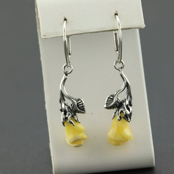 Sterling silver earrings with natural Baltic amber, amber rose drop earrings - Picture 11 of 14